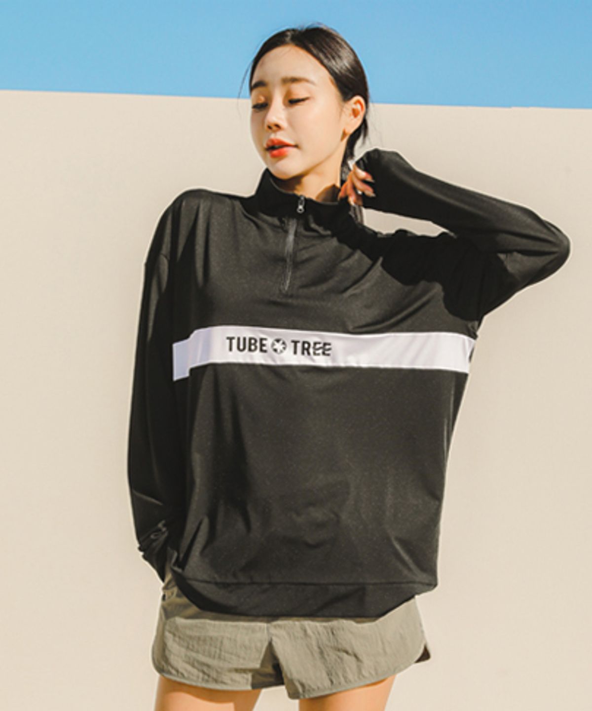 튜브트리(TUBE TREE) 여성용 루즈핏 아노락 반집업 래쉬가드 B722 블랙