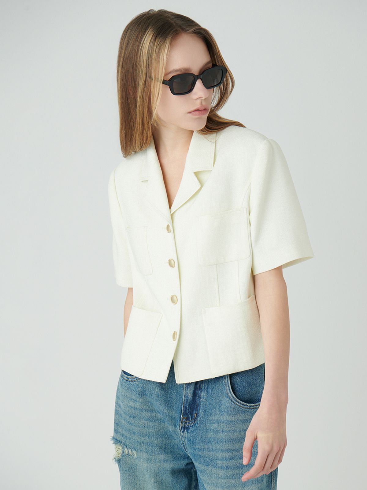 헌치(HUNCH) Sum tweed notched collar half sleeve jacket