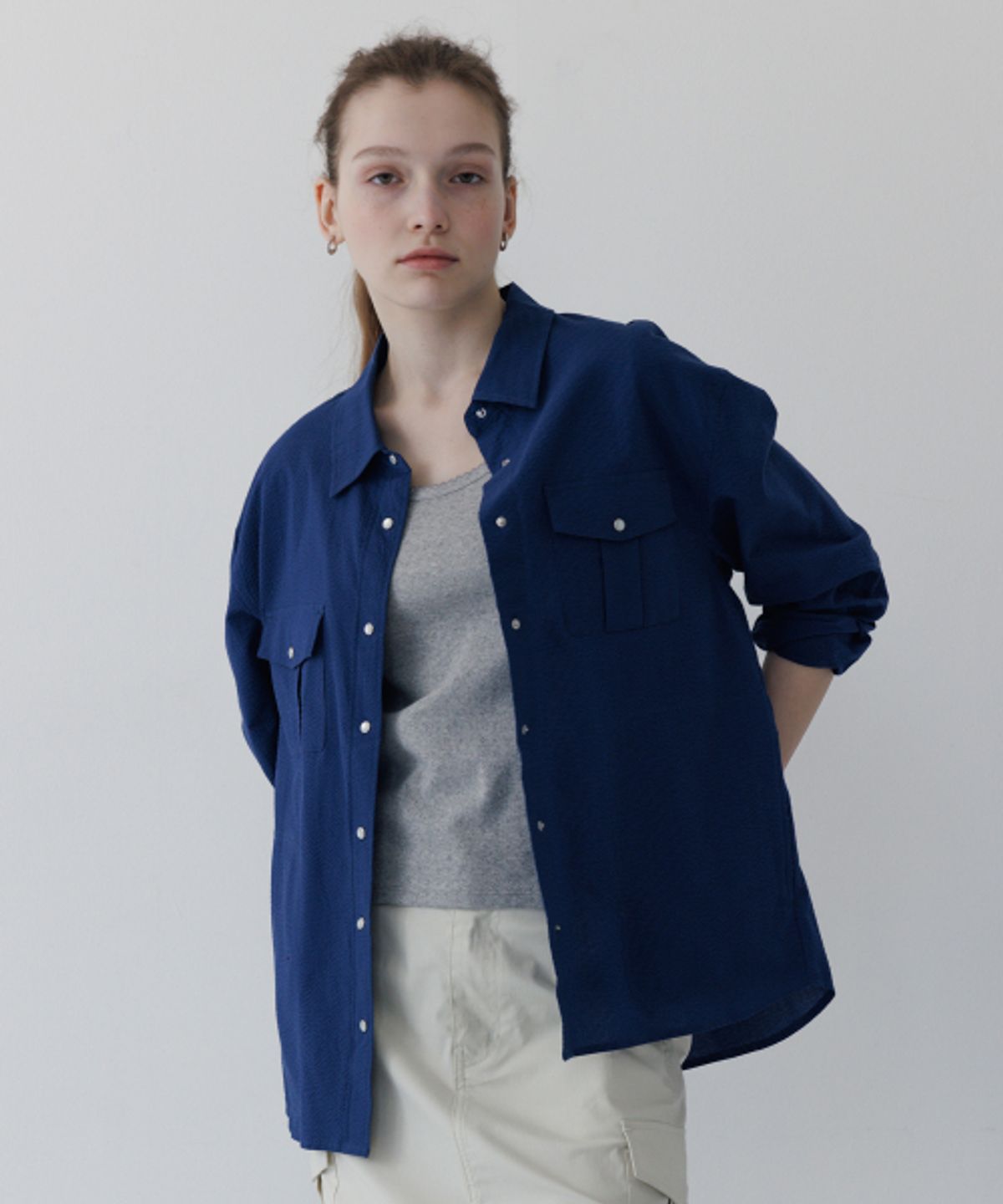 튜드먼트(TTUDEMENT) SEERSUCKER WORK SHIRT NAVY