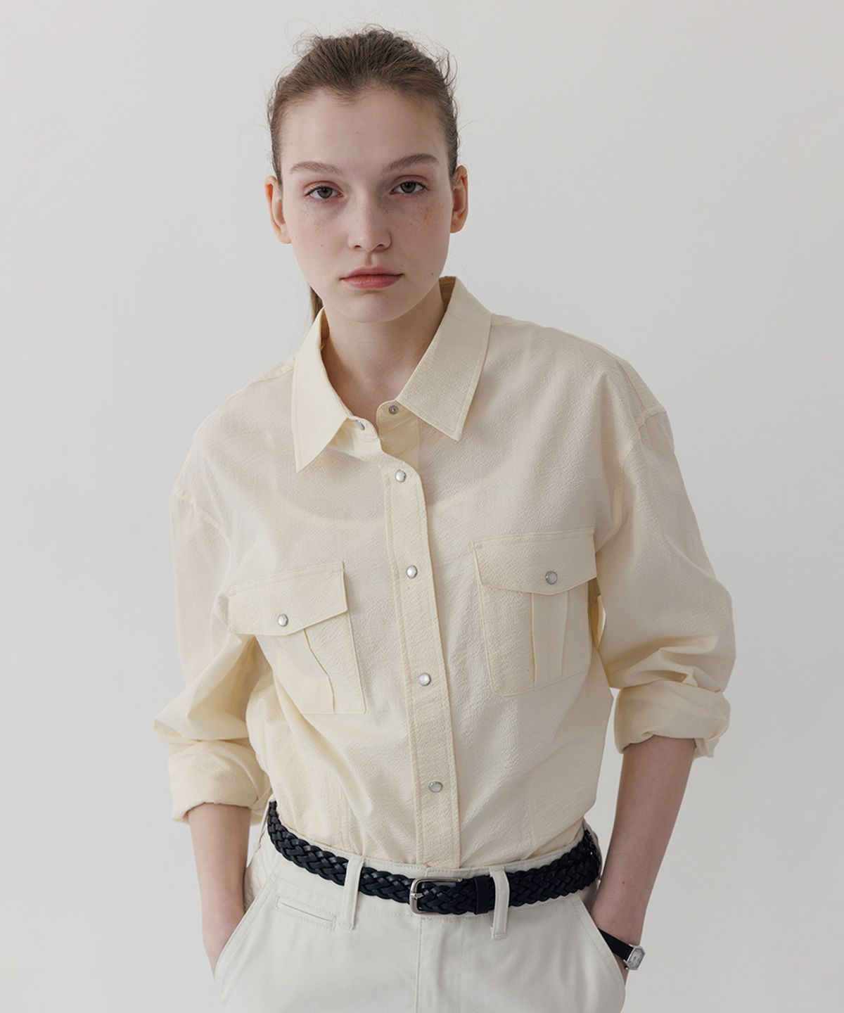 튜드먼트(TTUDEMENT) SEERSUCKER WORK SHIRT BUTTER
