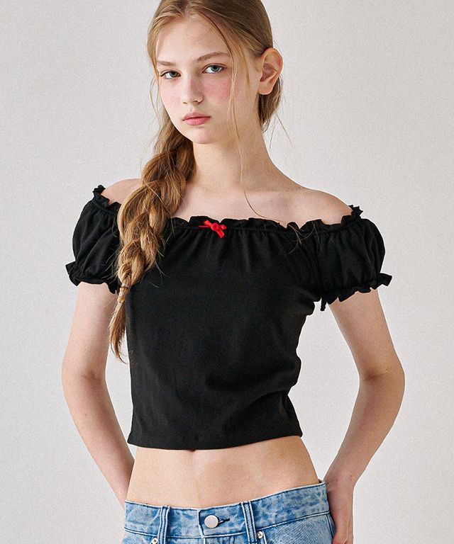 ★関税込★RONRON★ROSE RIBBON FRILL OFF SHOULDER T SHIRT★ MUSINSA | RONRON ROSE RIBBON FRILL OFF SHOULDER T SHIRT BLACK