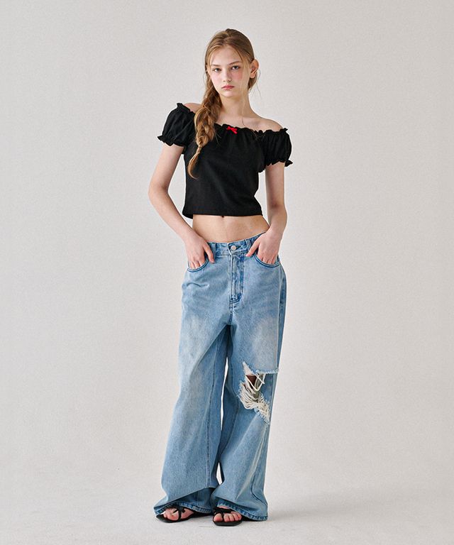 ★関税込★RONRON★ROSE RIBBON FRILL OFF SHOULDER T SHIRT★ MUSINSA | RONRON ROSE RIBBON FRILL OFF SHOULDER T SHIRT BLACK
