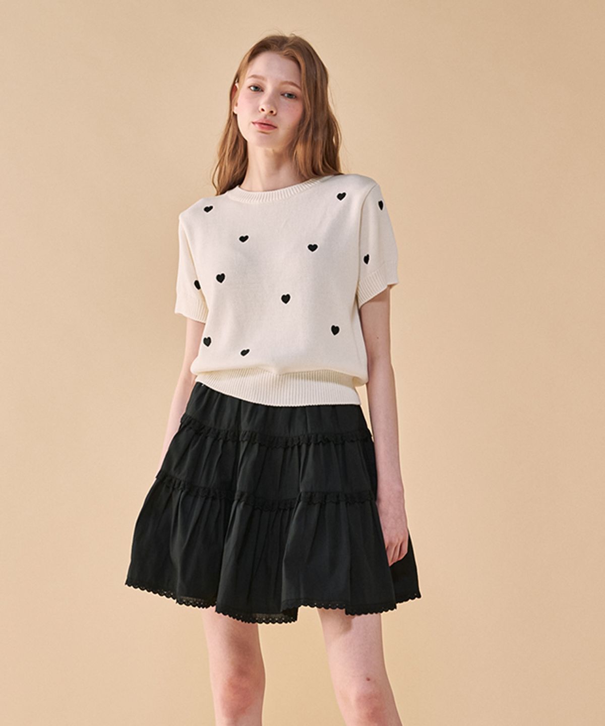 론론(RONRON) HEART PATTERN SHORT SLEEVE KNIT IVORY