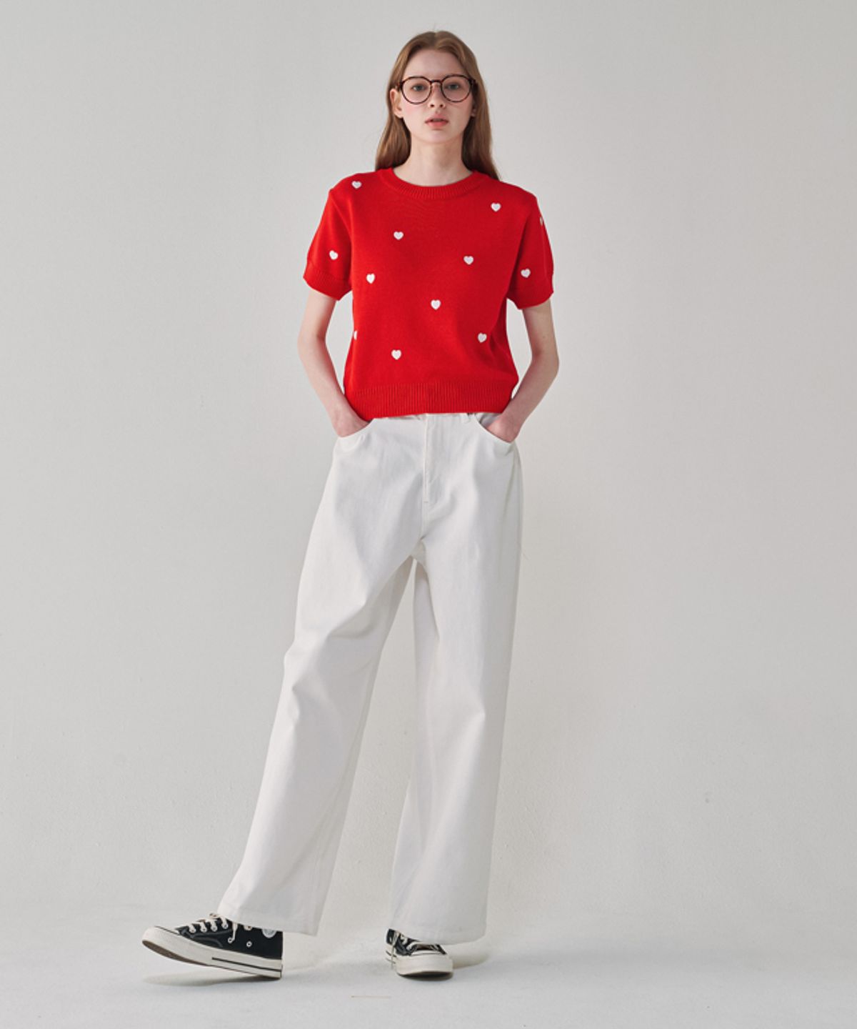 론론(RONRON) HEART PATTERN SHORT SLEEVE KNIT RED