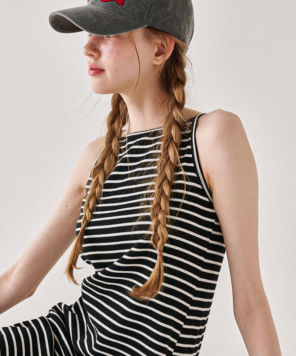 론론(RONRON) BOATNECK SLEEVELESS LONG DRESS BLACK STRIPE