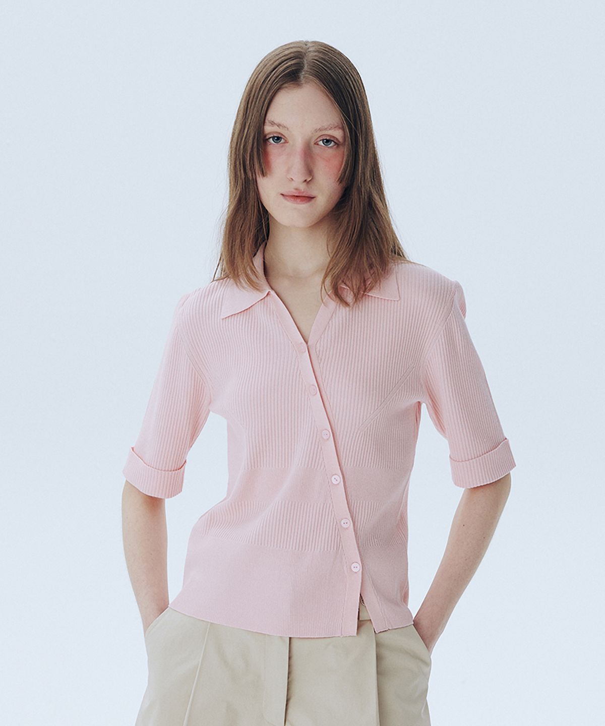 아위(AHWE) V-Neck Open Collar Cardigan_LIGHT PINK