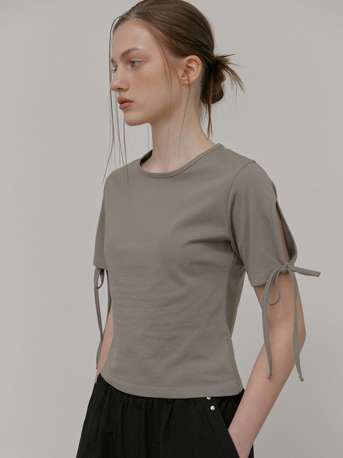 에트몽(ETMON) Slit Sleeve T-Shirt, Ash Brown