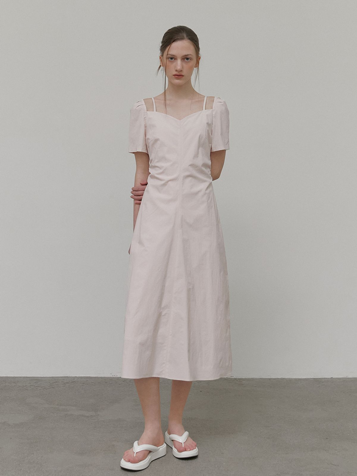 에트몽(ETMON) Heart Strap Shirring Dress, Pink