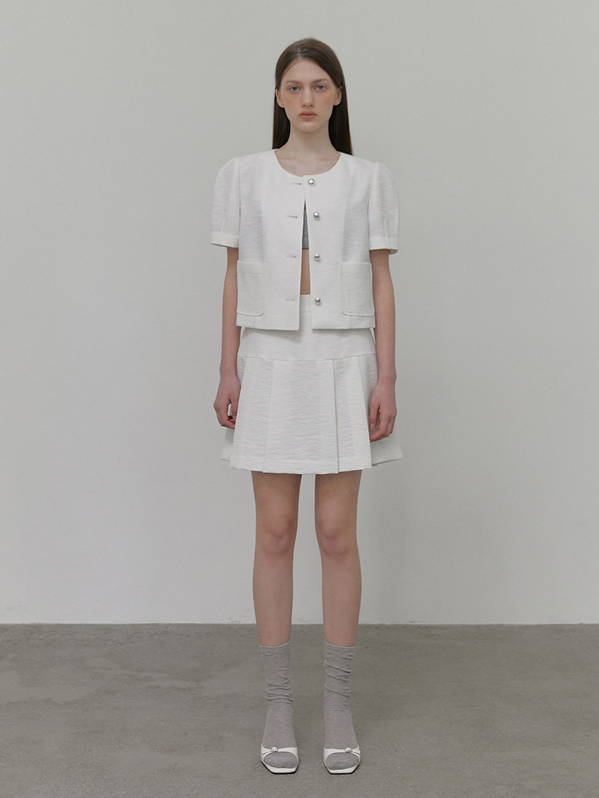 에트몽(ETMON) Pleats Tweed Mini Skirt, White
