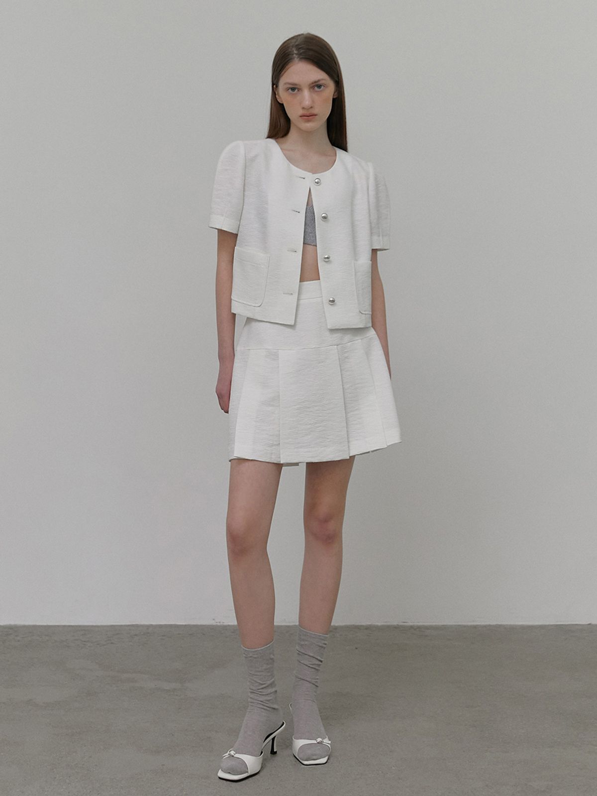 에트몽(ETMON) Pleats Tweed Mini Skirt, White
