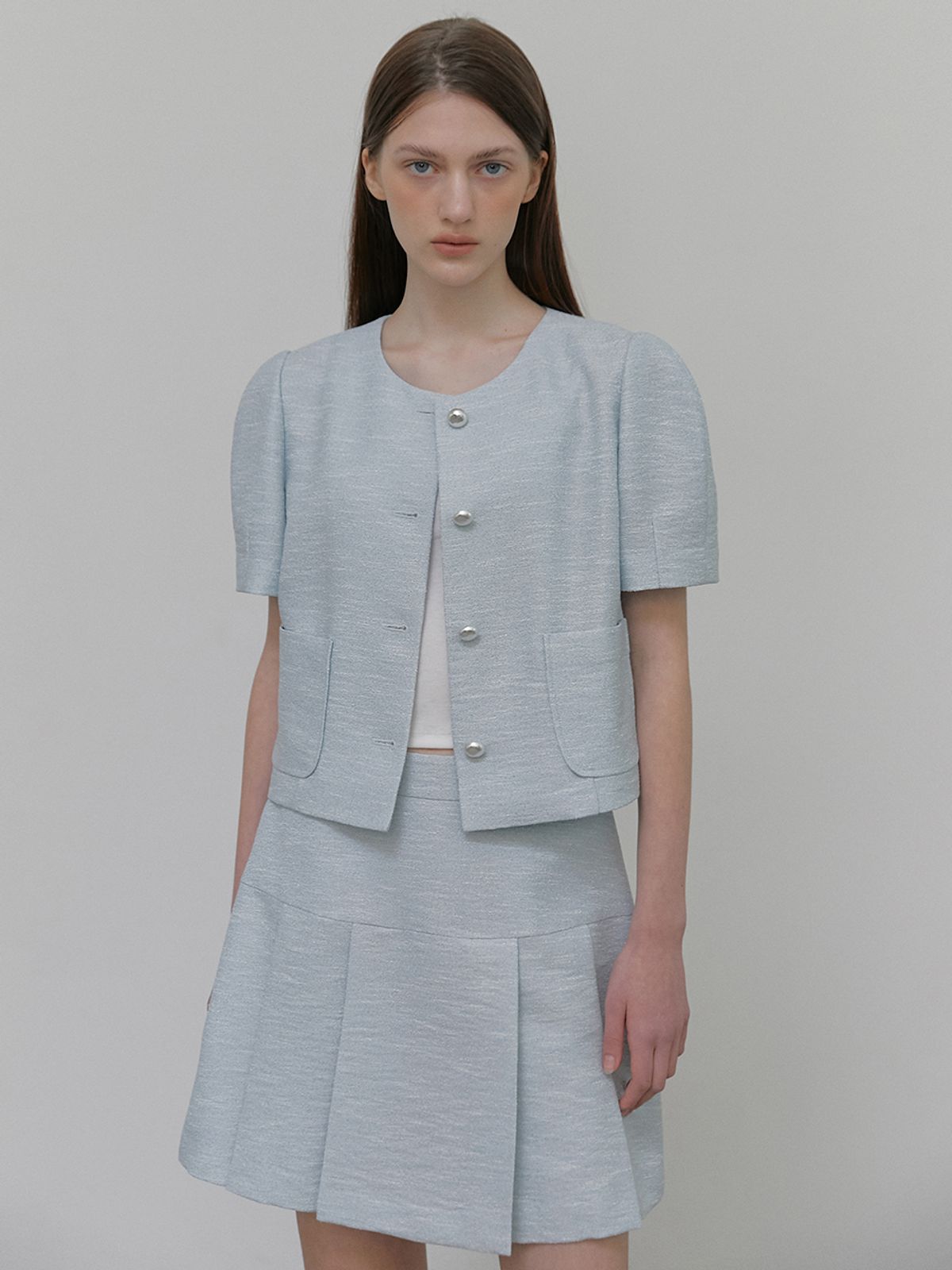 에트몽(ETMON) Pleats Tweed Mini Skirt, Light Blue
