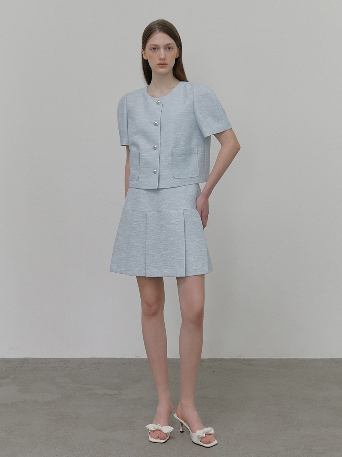 에트몽(ETMON) Pleats Tweed Mini Skirt, Light Blue