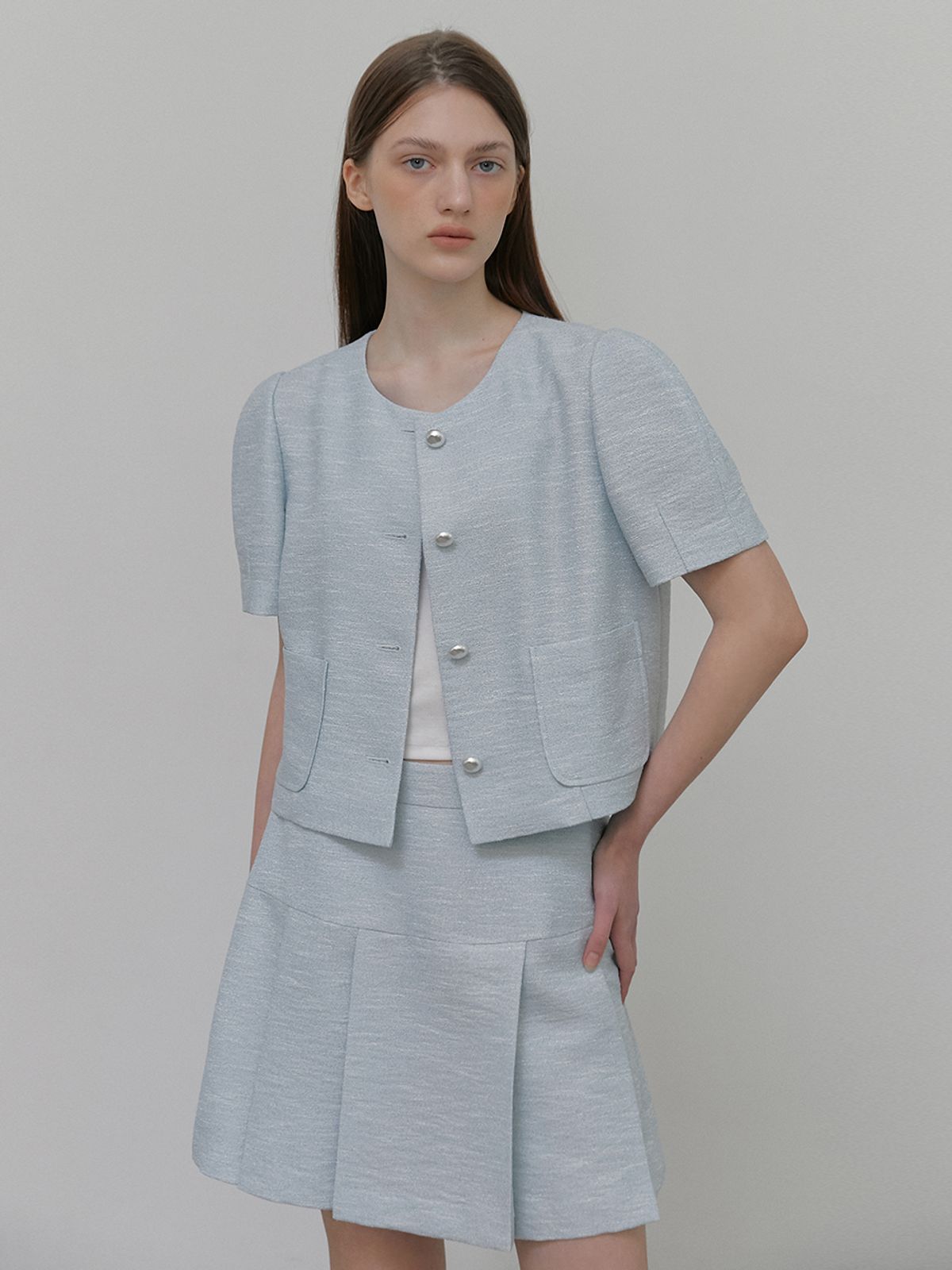 에트몽(ETMON) Pleats Tweed Mini Skirt, Light Blue