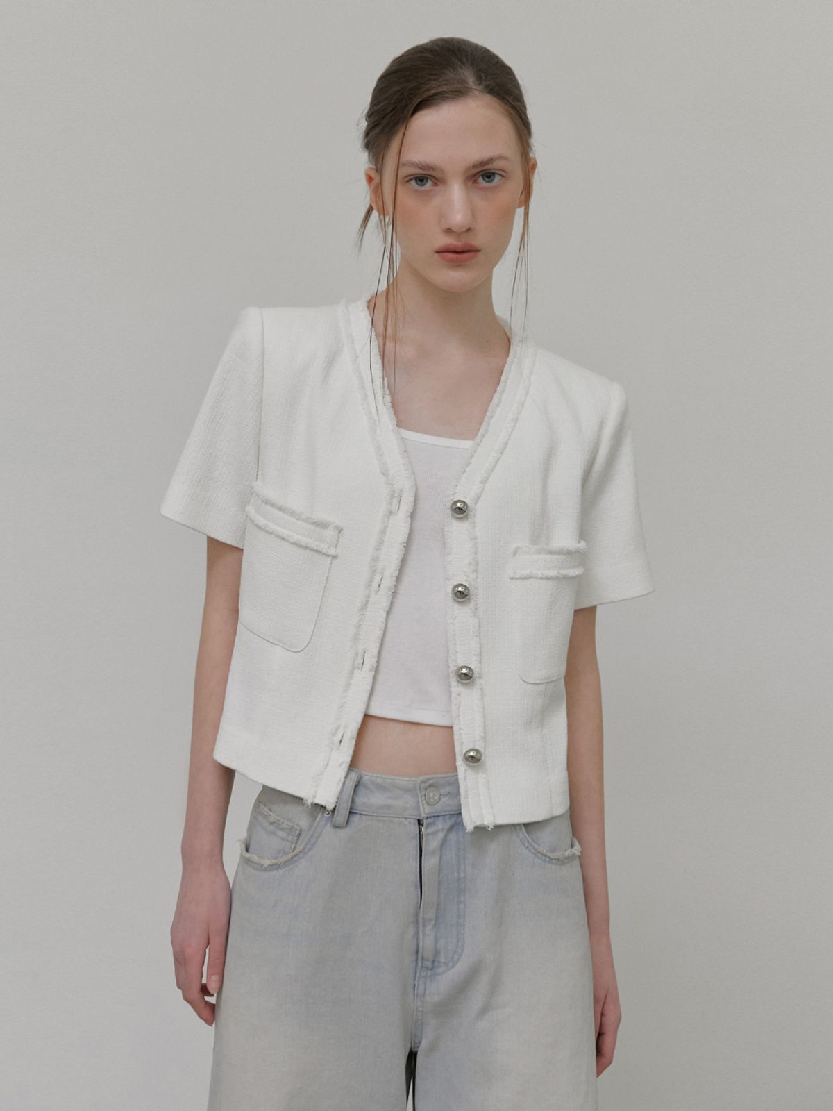 에트몽(ETMON) V-Neck Fringe Tweed Jacket, White