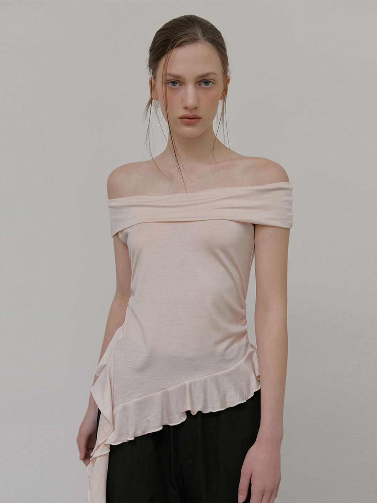 에트몽(ETMON) Frill Off Shoulder T-Shirt, Pink