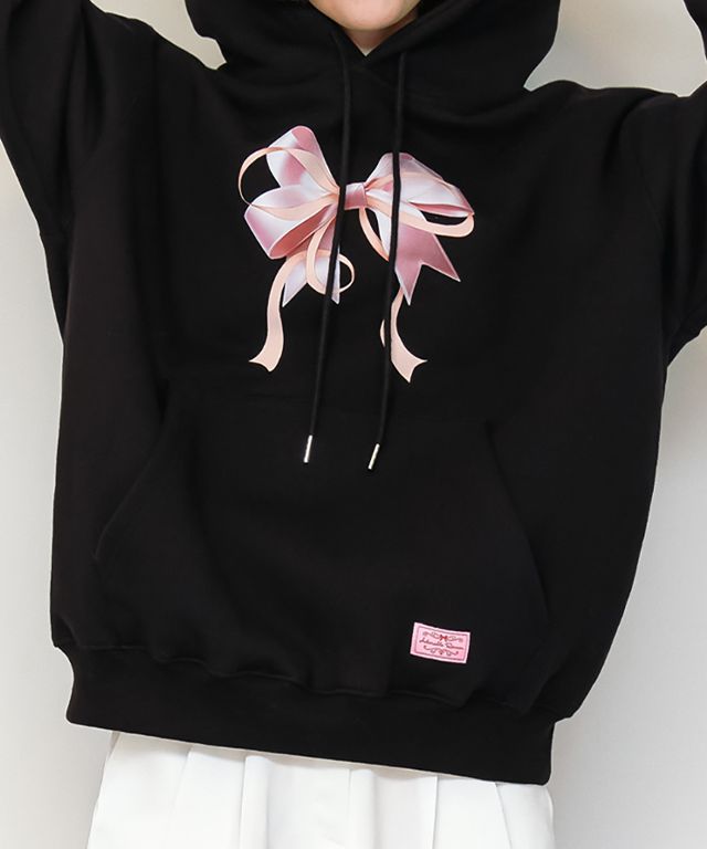 MUSINSA | RONRON DOUBLE RIBBON OVERSIZED HOODIE BLACK