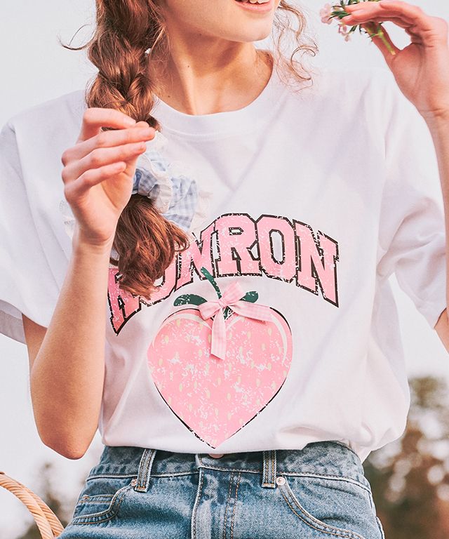 MUSINSA | RONRON STRAWBERRY RIBBON BASIC FIT T SHIRT WHITE PINK