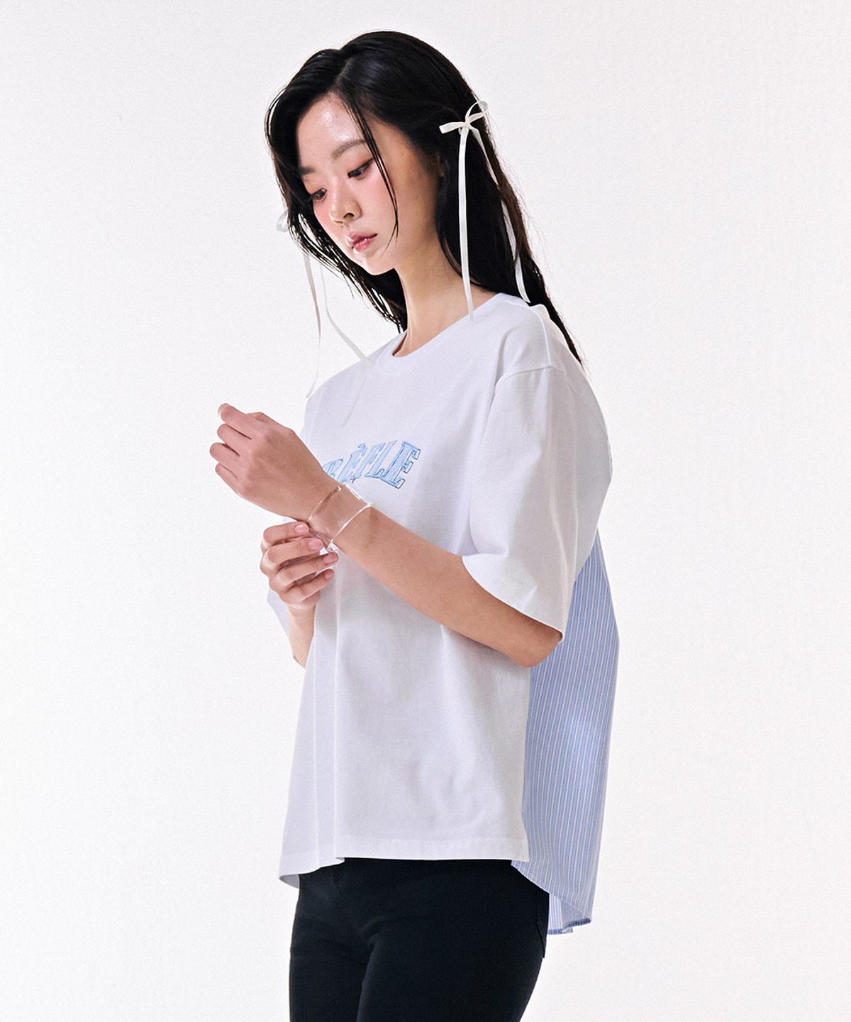 체이스컬트(CHASECULT) 여성 우븐 배색 반팔 티셔츠-DBRG5885D01