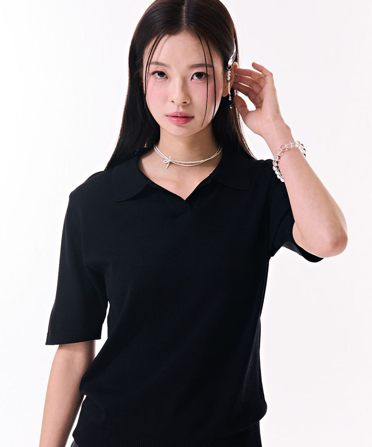 체이스컬트(CHASECULT) 여성 배색 오픈 카라 반팔 스웨터-DBRG5671D03