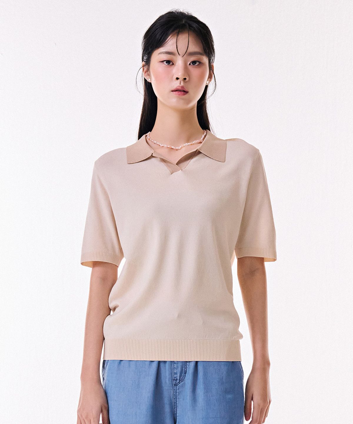 체이스컬트(CHASECULT) 여성 배색 오픈 카라 반팔 스웨터-DBRG5671D05