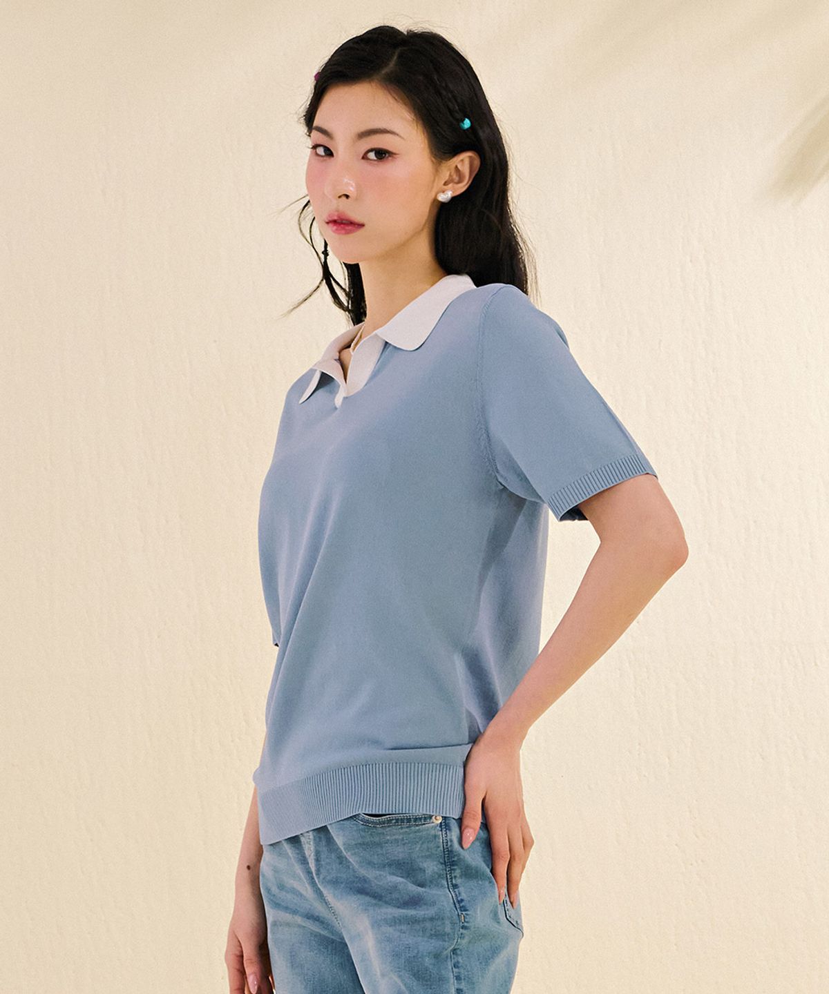 체이스컬트(CHASECULT) 여성 배색 오픈 카라 반팔 스웨터-DBRG5671D0D