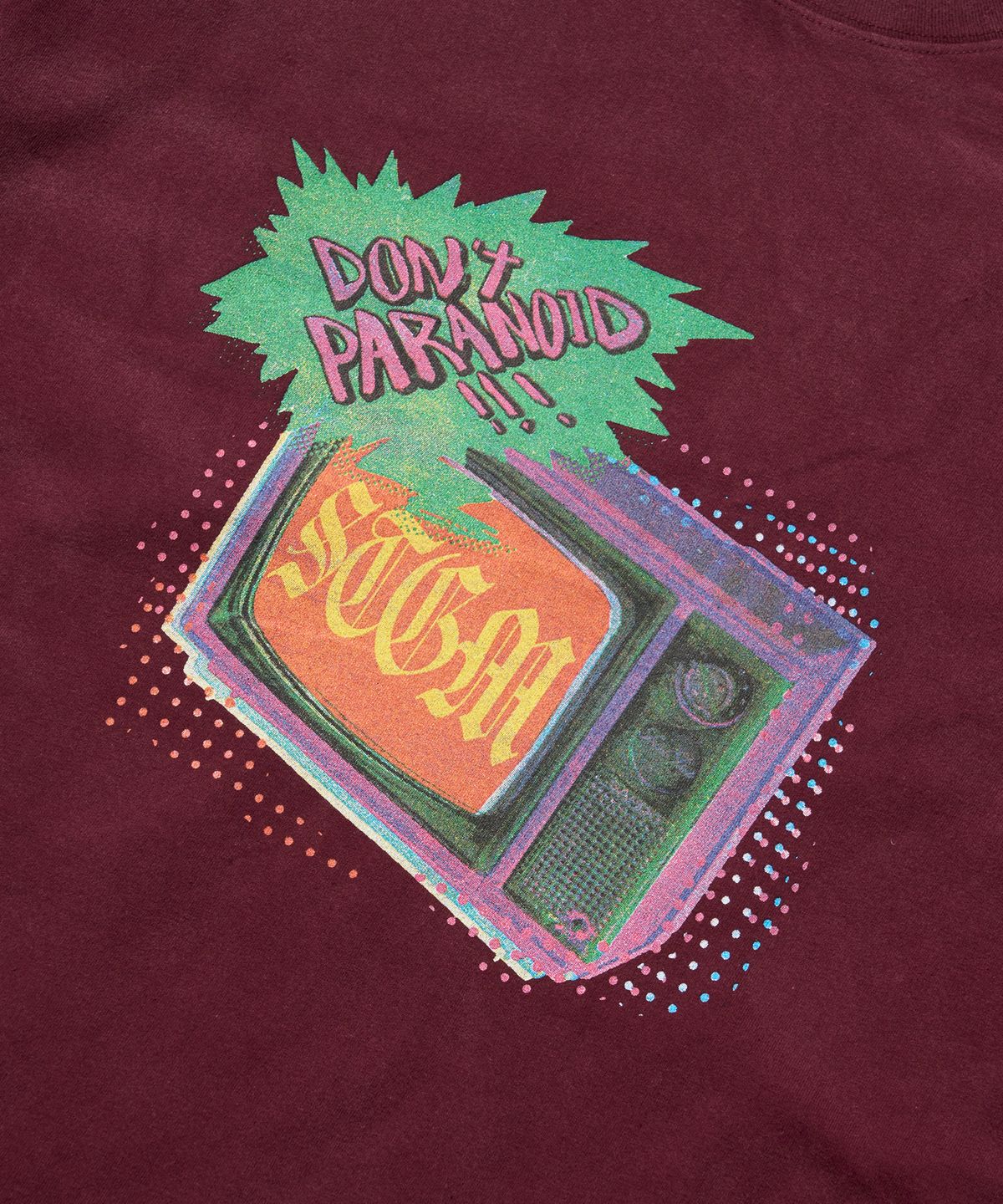 스티그마(STIGMA) Paranoid TV Vintage-Like Washed Oversized Short Sleeves T-Shirts Burgundy