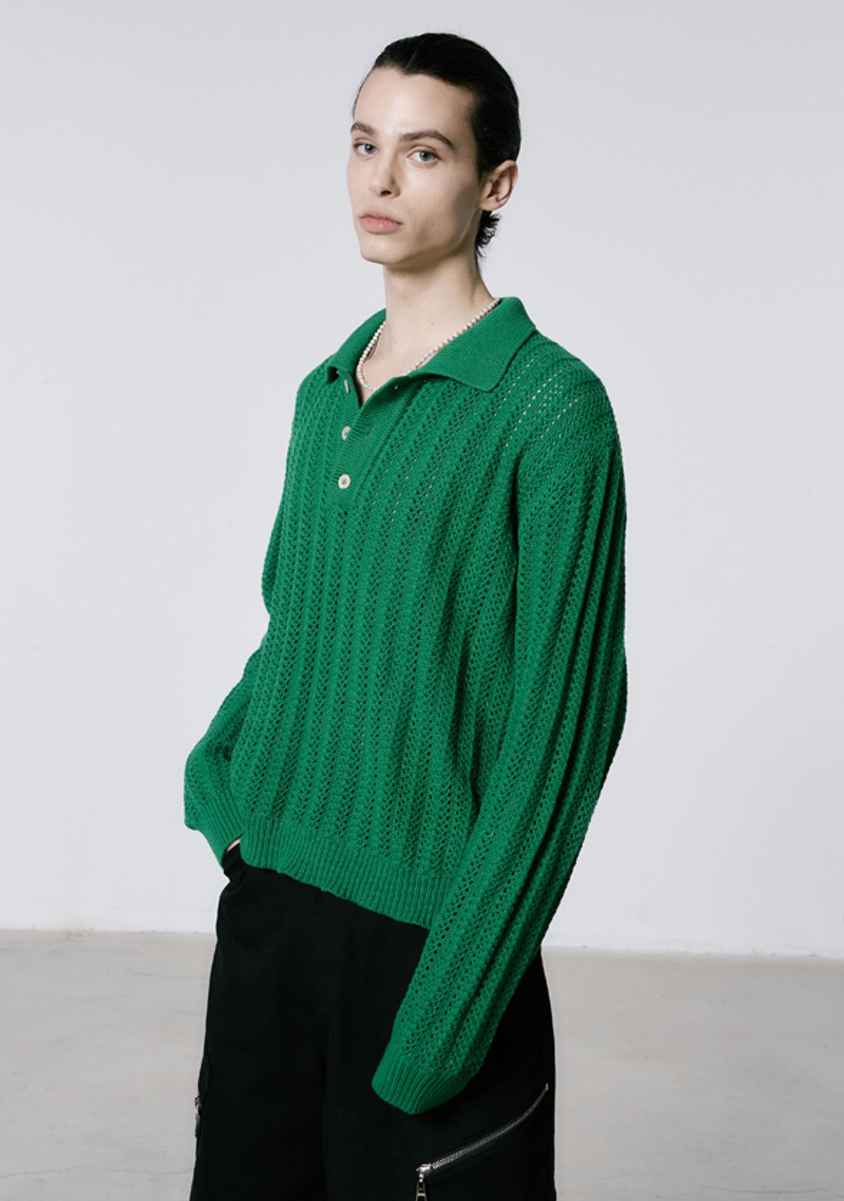 세비지(SAVAGE) Crochet Knit Pullover - Green