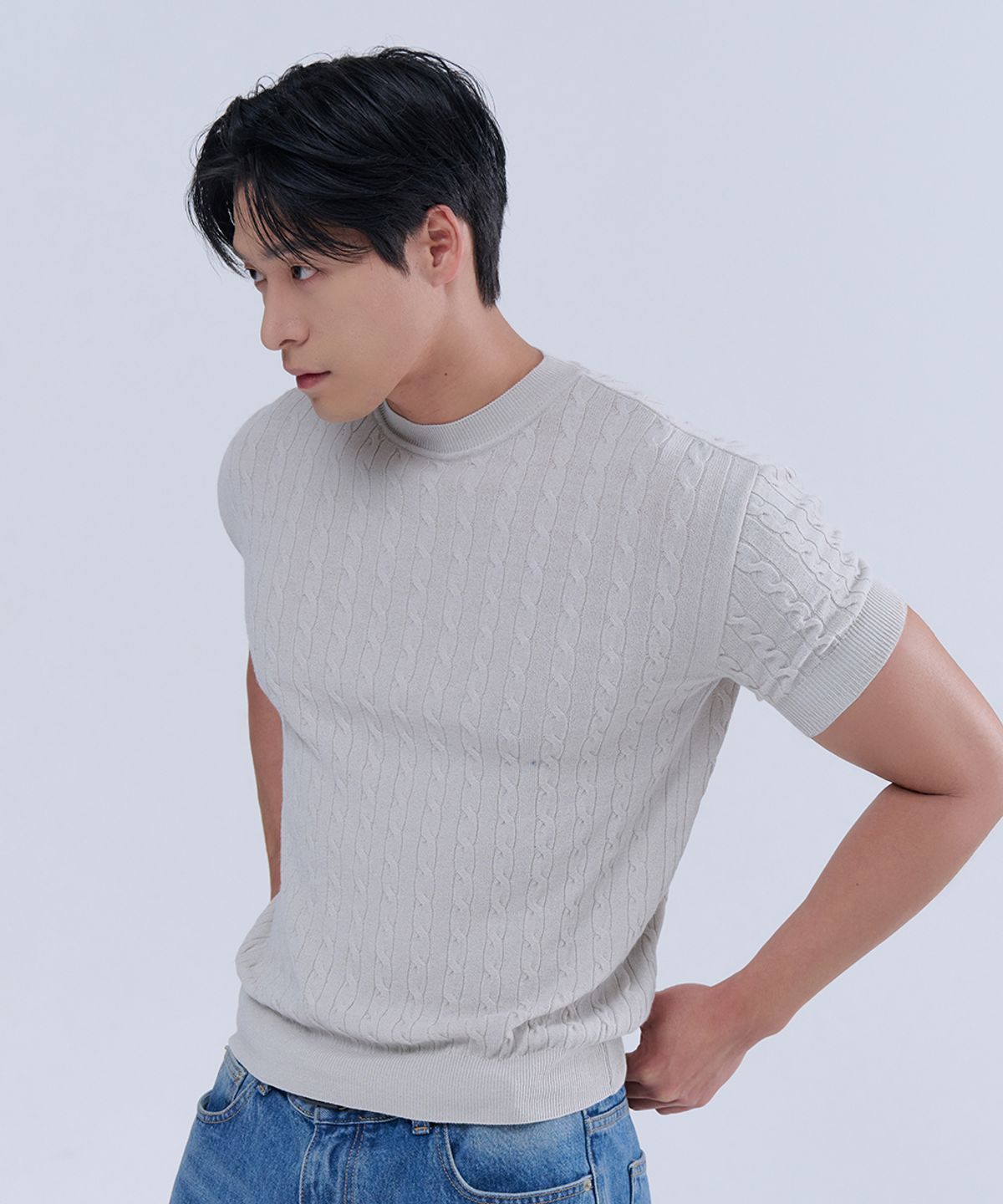 나인제트(NINEZ) 케이블 반팔 머슬 니트_3color