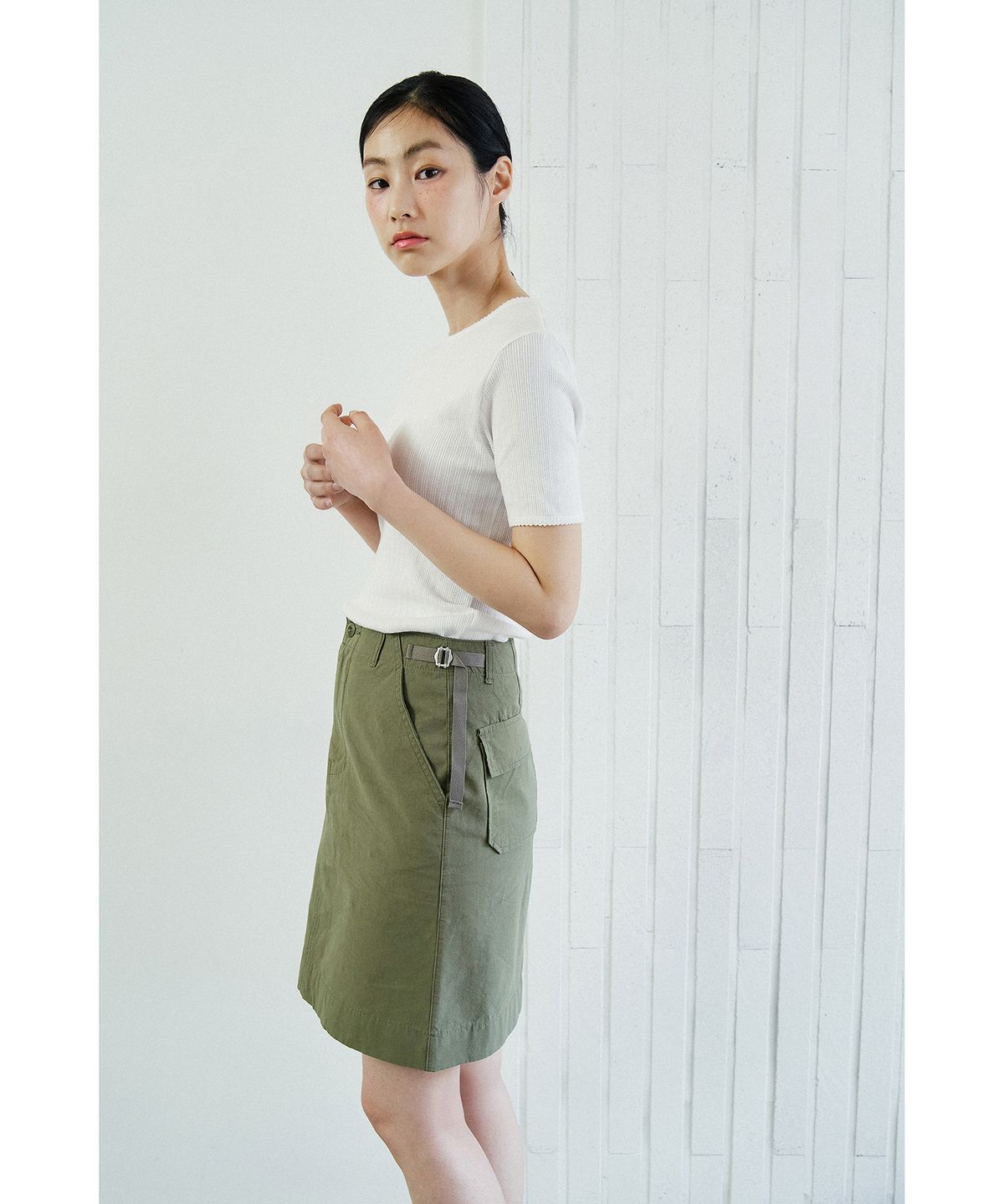 코튼벨(COTTON BELL) 미디 사이드 벨트 스커트 - Khaki