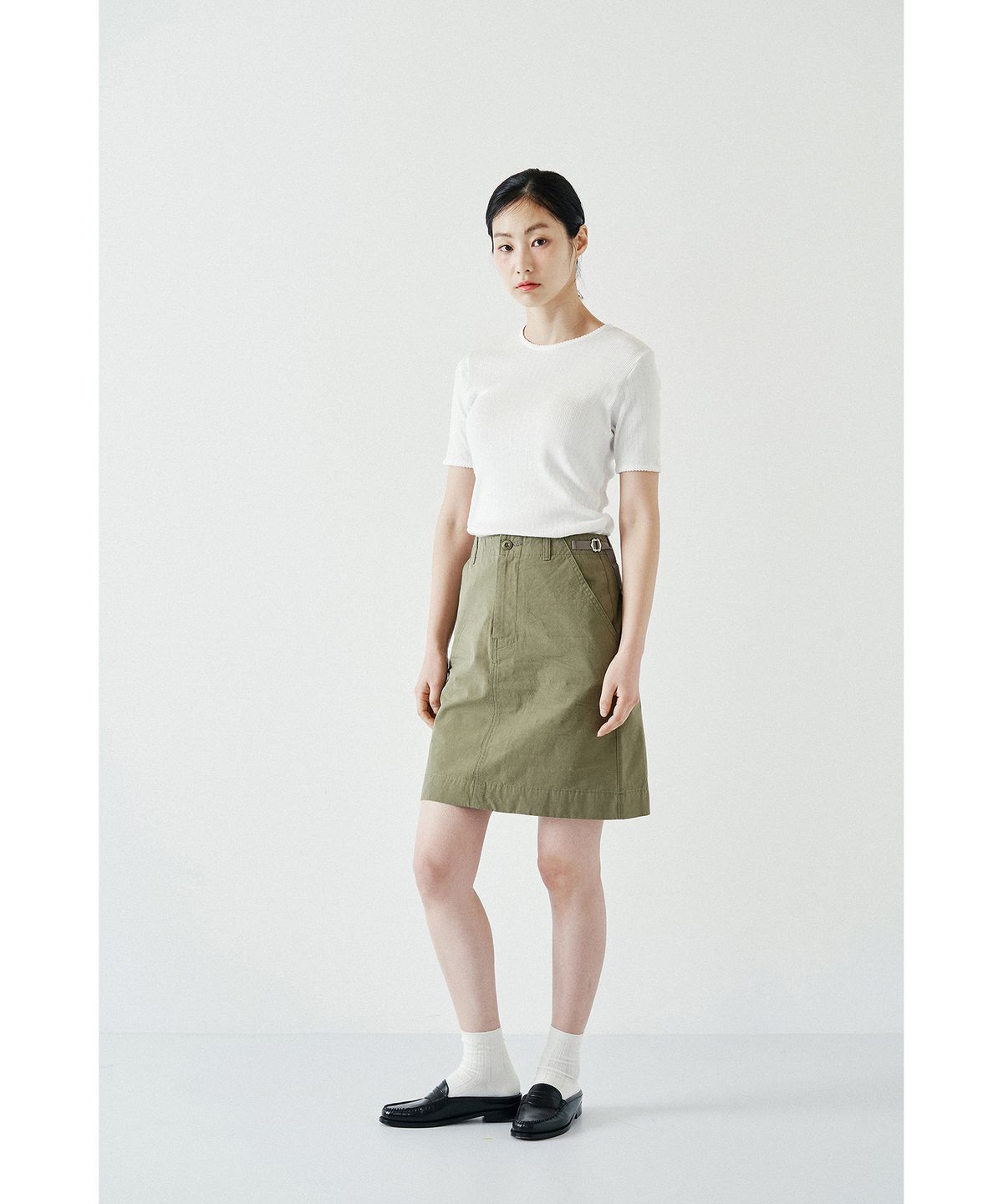 코튼벨(COTTON BELL) 미디 사이드 벨트 스커트 - Khaki