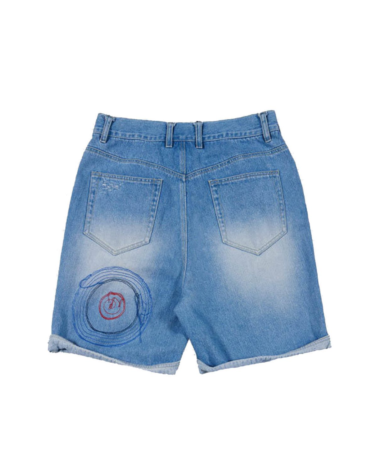 더뮤지엄비지터(THEMUSEUMVISITOR) HAND KNITTED DAMAGED DENIM SHORTS (BLUE)