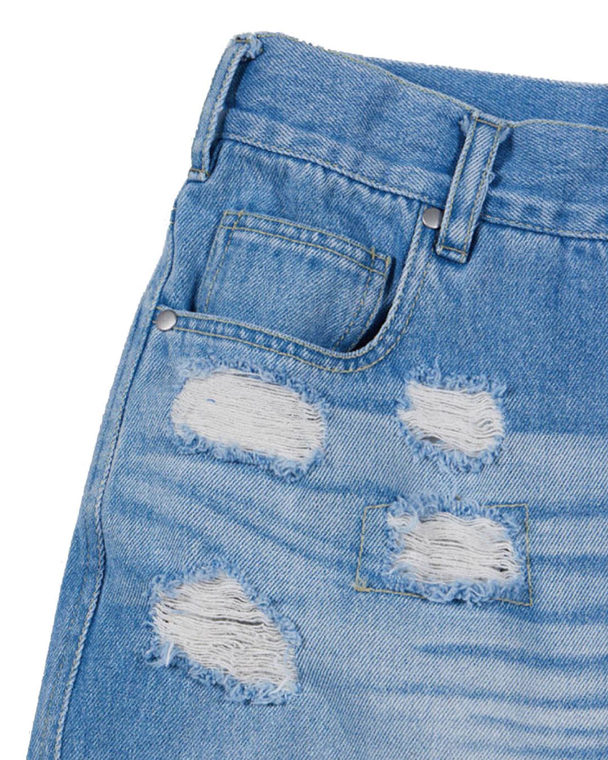 더뮤지엄비지터(THEMUSEUMVISITOR) HAND KNITTED DAMAGED DENIM SHORTS (BLUE)
