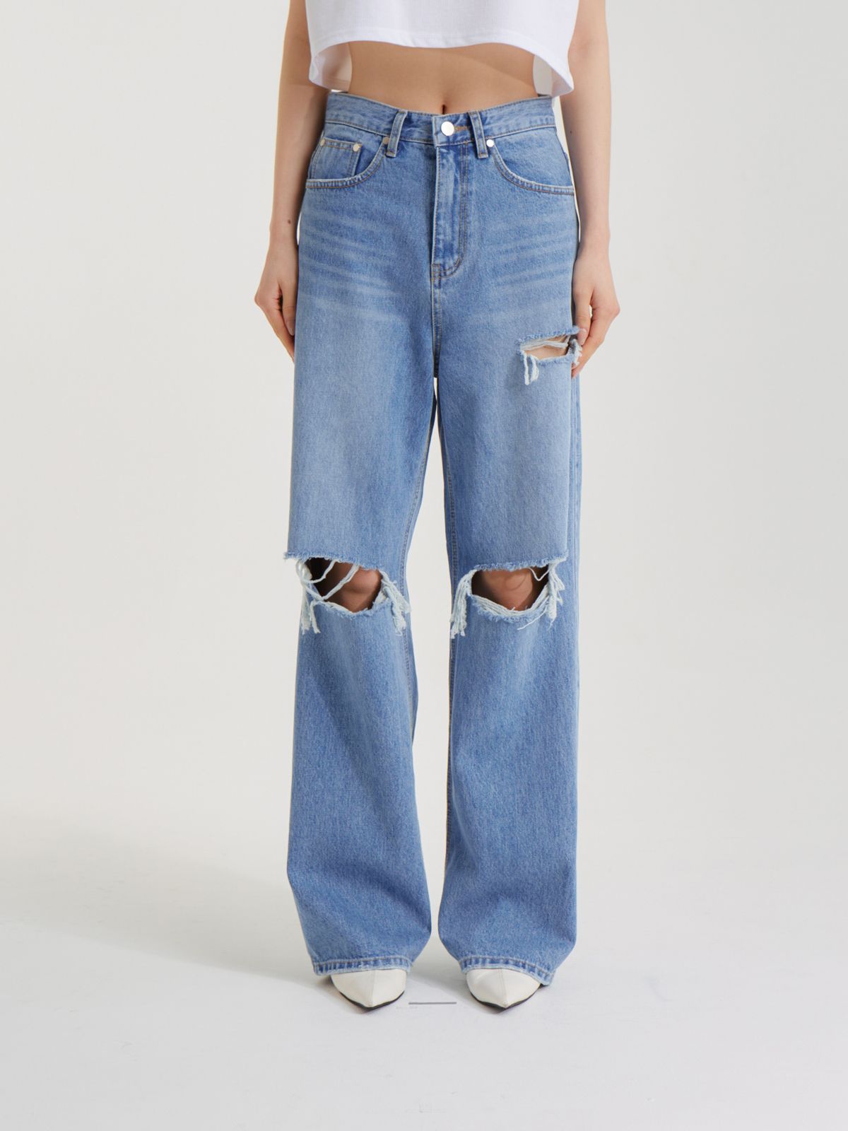 언노운 플라넷(UNKNOWN PLANET) 세미 와이드 슬릿 데님 팬츠 블루