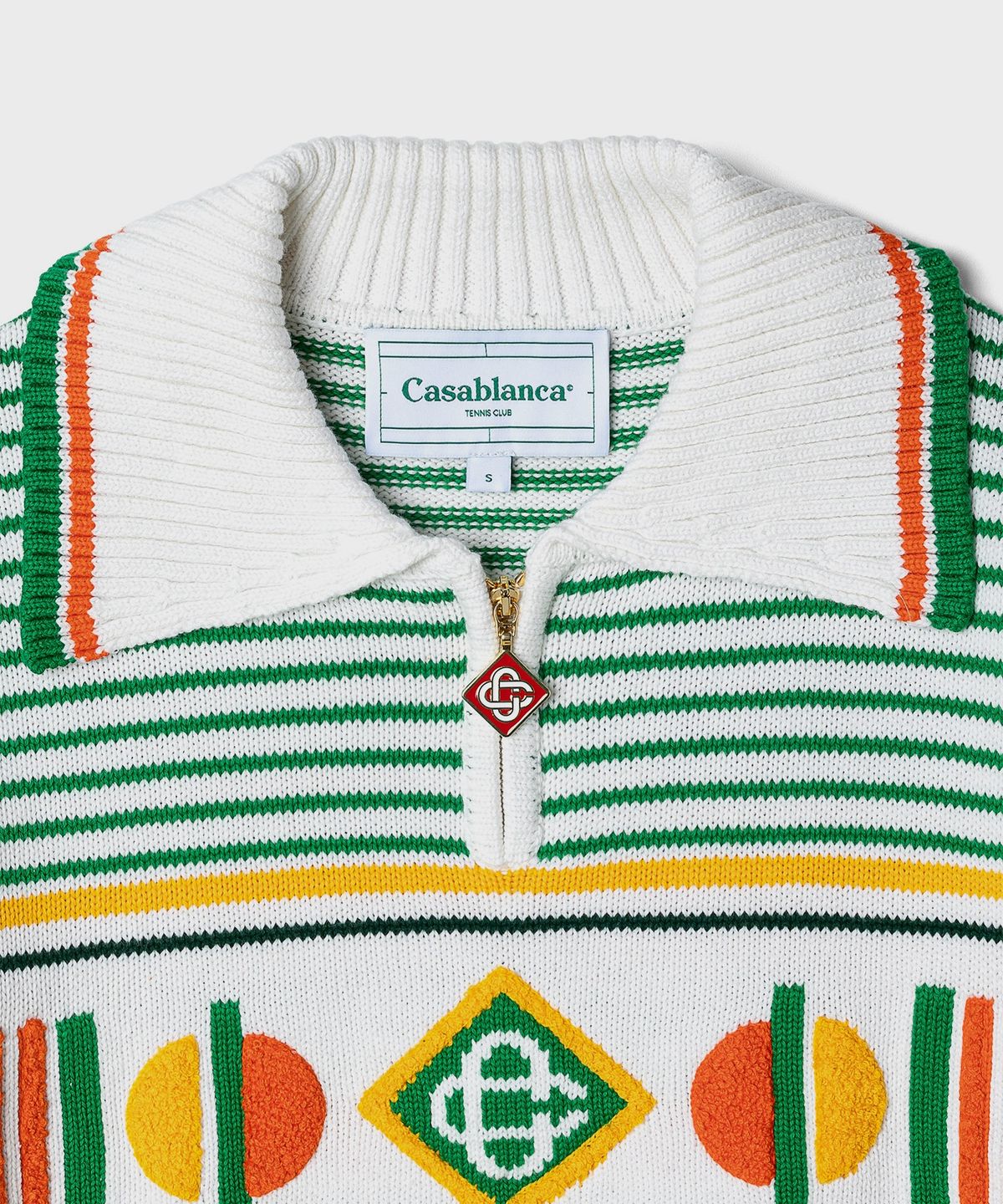 카사블랑카(CASABLANCA) (W) 지오메트리컬 모노그램 스트라이프 점퍼 그린 화이트 오렌지 GEOMETRICAL MONOGRAM STRIPED JUMPER GREEN/WHITE/ORANGE