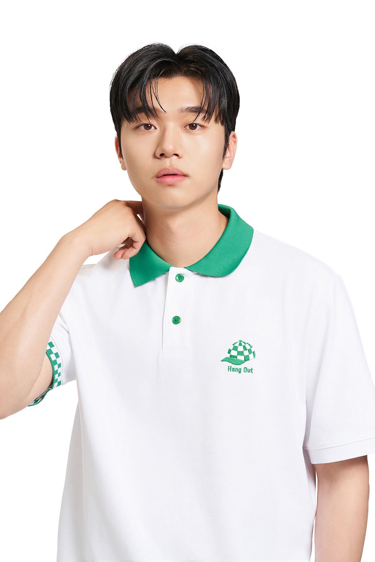 오프위켄드(OFF WEEKEND) 그린 체커보드 피케 폴로 반팔 티셔츠 남성용