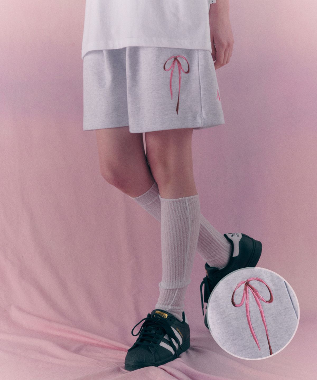 엠블러(AMBLER) Ribbon shorts 버뮤다 원턱 스웨트 숏츠 반바지 ASP701 (백멜란지)