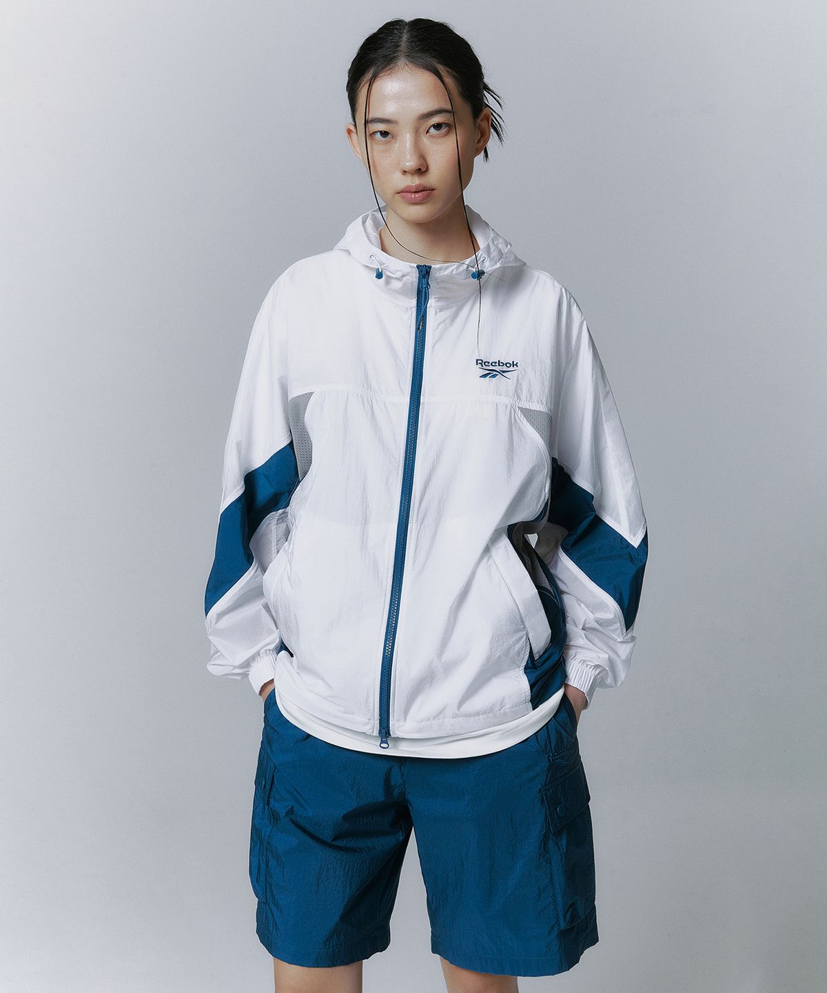 리복(REEBOK) 메쉬 하이브리드 윈드 브레이커 - 화이트:터키쉬 블루