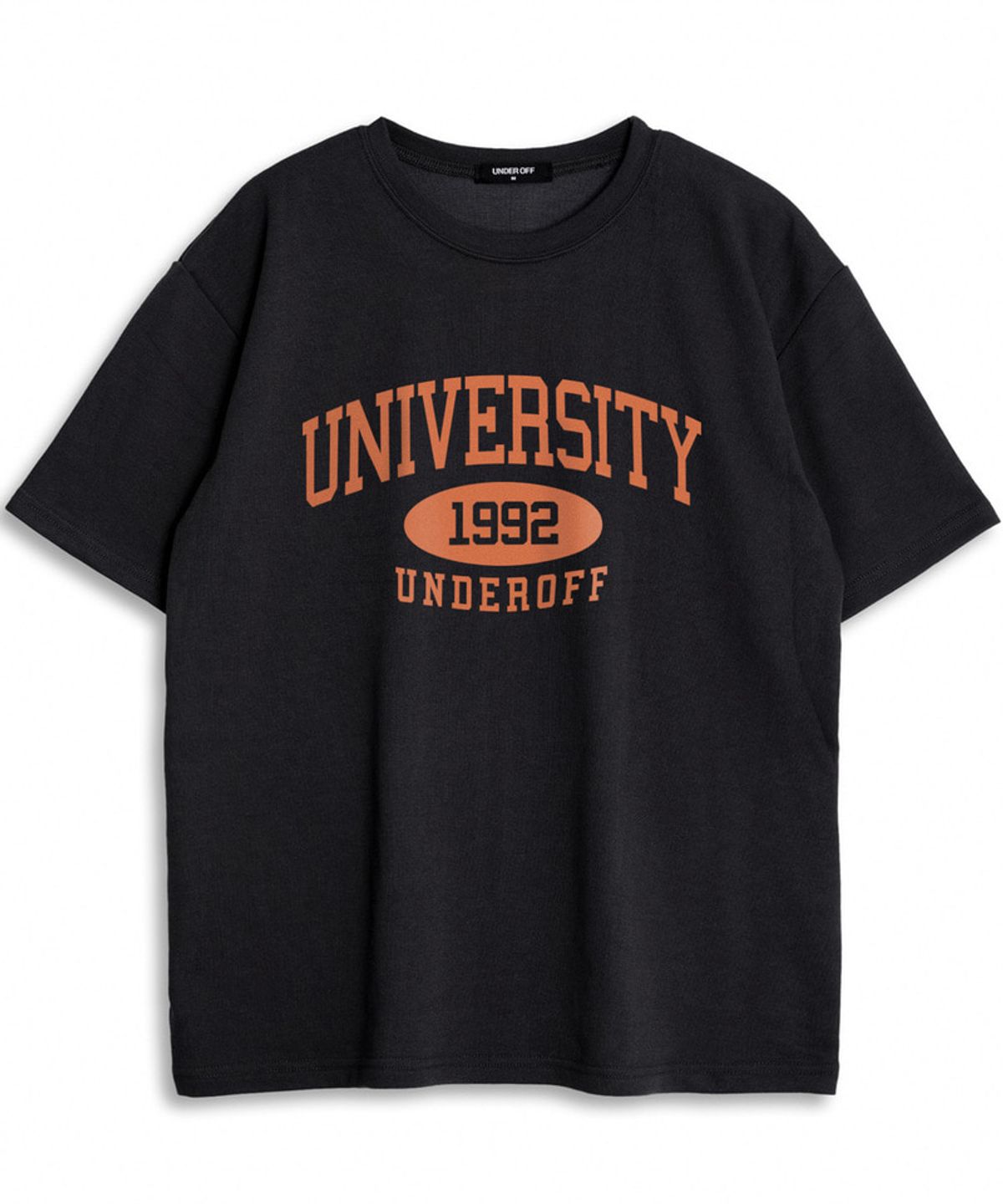 언더오프(UNDEROFF) 오버핏 크루넥 유니버시티 반팔 티셔츠 그린
