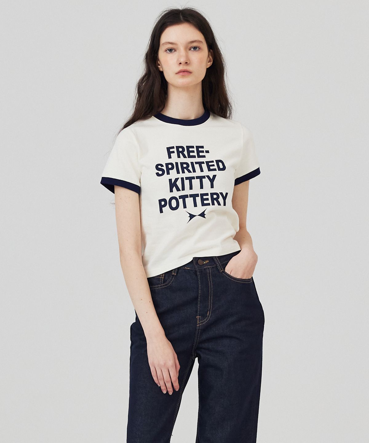 키티포터리(KITTY POTTERY) 링거 크롭 반팔 티셔츠 아이보리