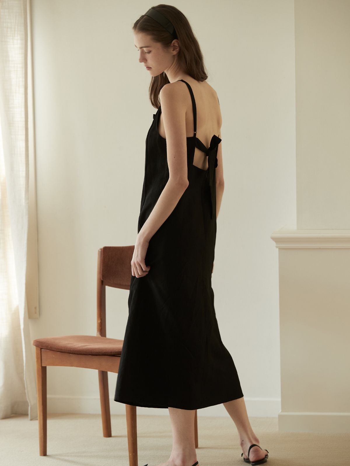 비뮤즈맨션(BEMUSE MANSION) Ribbon point linen dress - Black