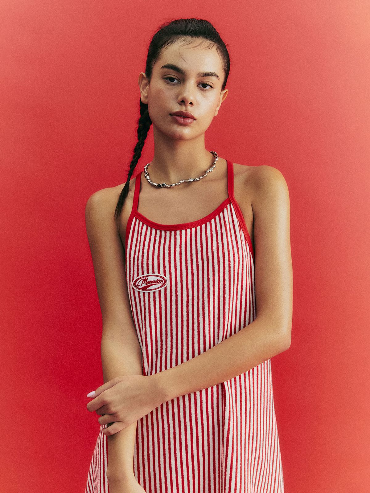 미나수(MENASOO) MENASOO SUMMER STRIPE TERRY STRAP ONEPIECE_RED