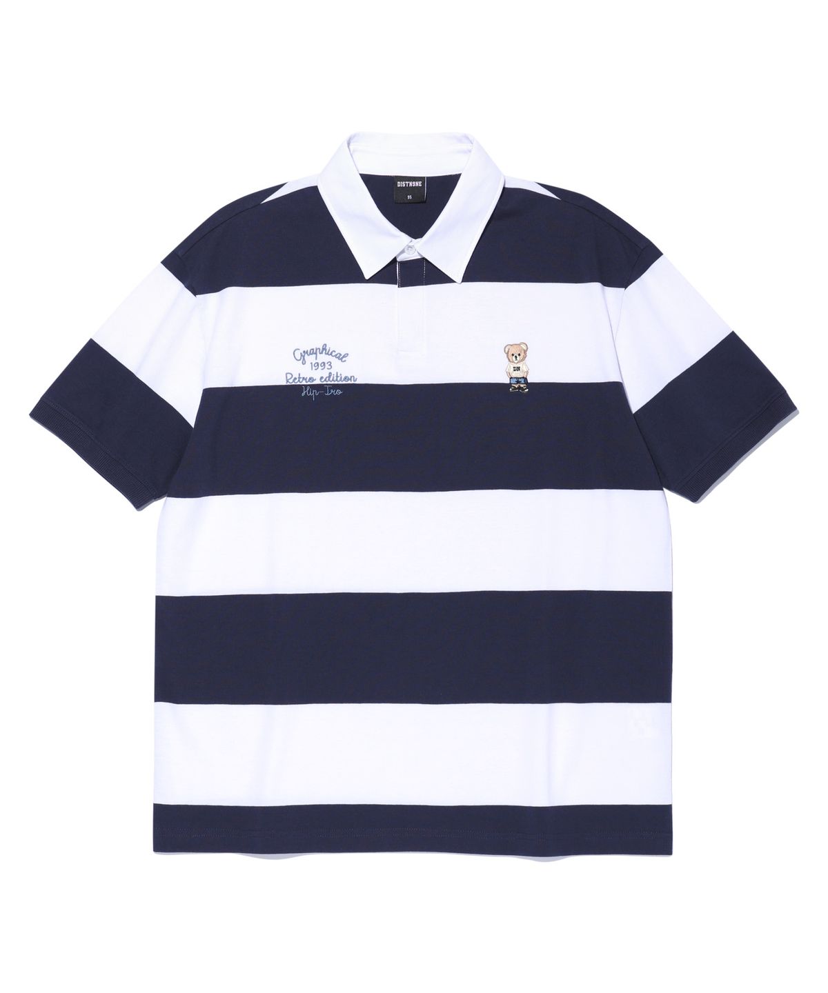 디스트나인(DISTN9NE) 스트라이프 레트로베어 카라 반팔티 NAVY (LO2TU342-066)