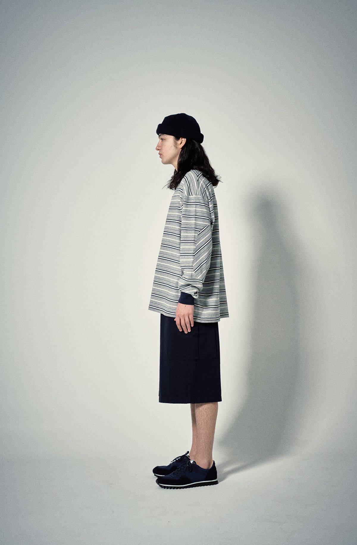 히즈핸더(HISHANDER) ROUND PATCH LONG SLEEVE T-SHIRTS [Stripe / Navy]
