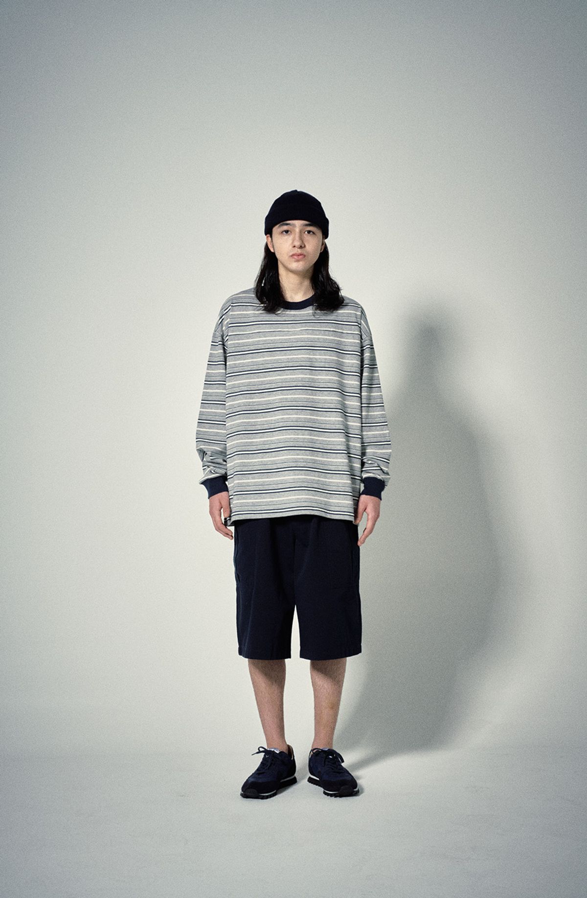 히즈핸더(HISHANDER) ROUND PATCH LONG SLEEVE T-SHIRTS [Stripe / Navy]