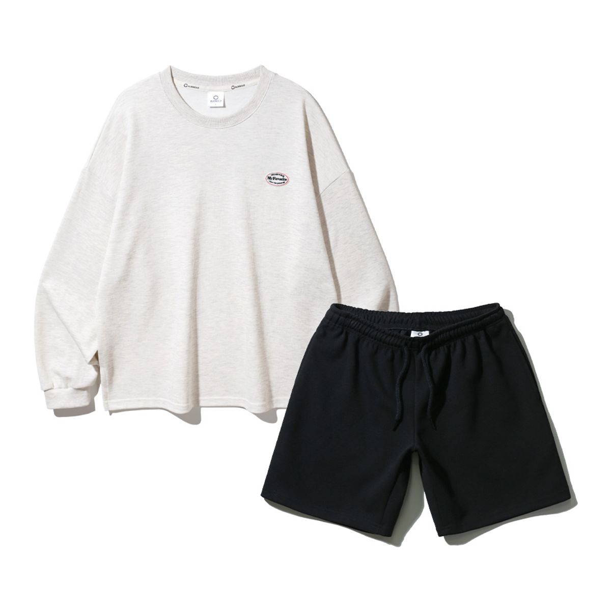 앨빈클로(ALVINCLO) [SET] 와펜 오버핏 긴팔티셔츠 코튼 밴딩 스웨트 반바지 셋업