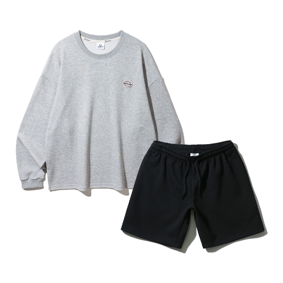 앨빈클로(ALVINCLO) [SET] 와펜 오버핏 긴팔티셔츠 코튼 밴딩 스웨트 반바지 셋업