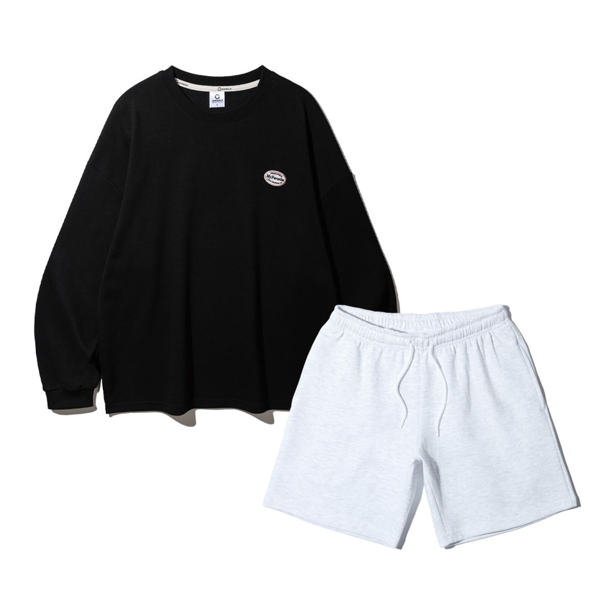 앨빈클로(ALVINCLO) [SET] 와펜 오버핏 긴팔티셔츠 코튼 밴딩 스웨트 반바지 셋업