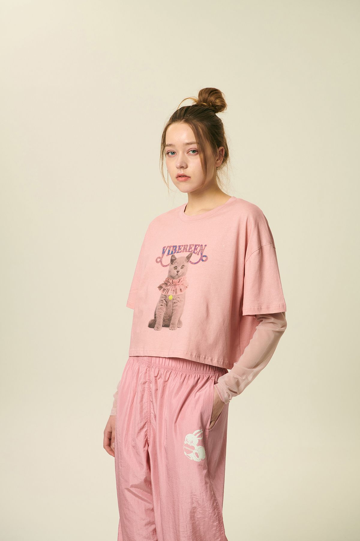 바이브린(VIBEREEN) 벨라 캣 망사 레이어드 티셔츠