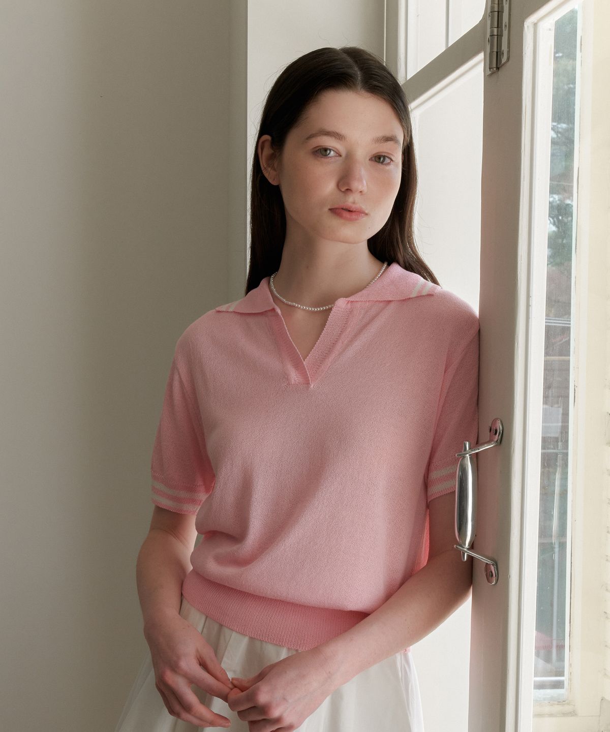 엽페(YUPPE) LINE COLLAR KNIT_PINK