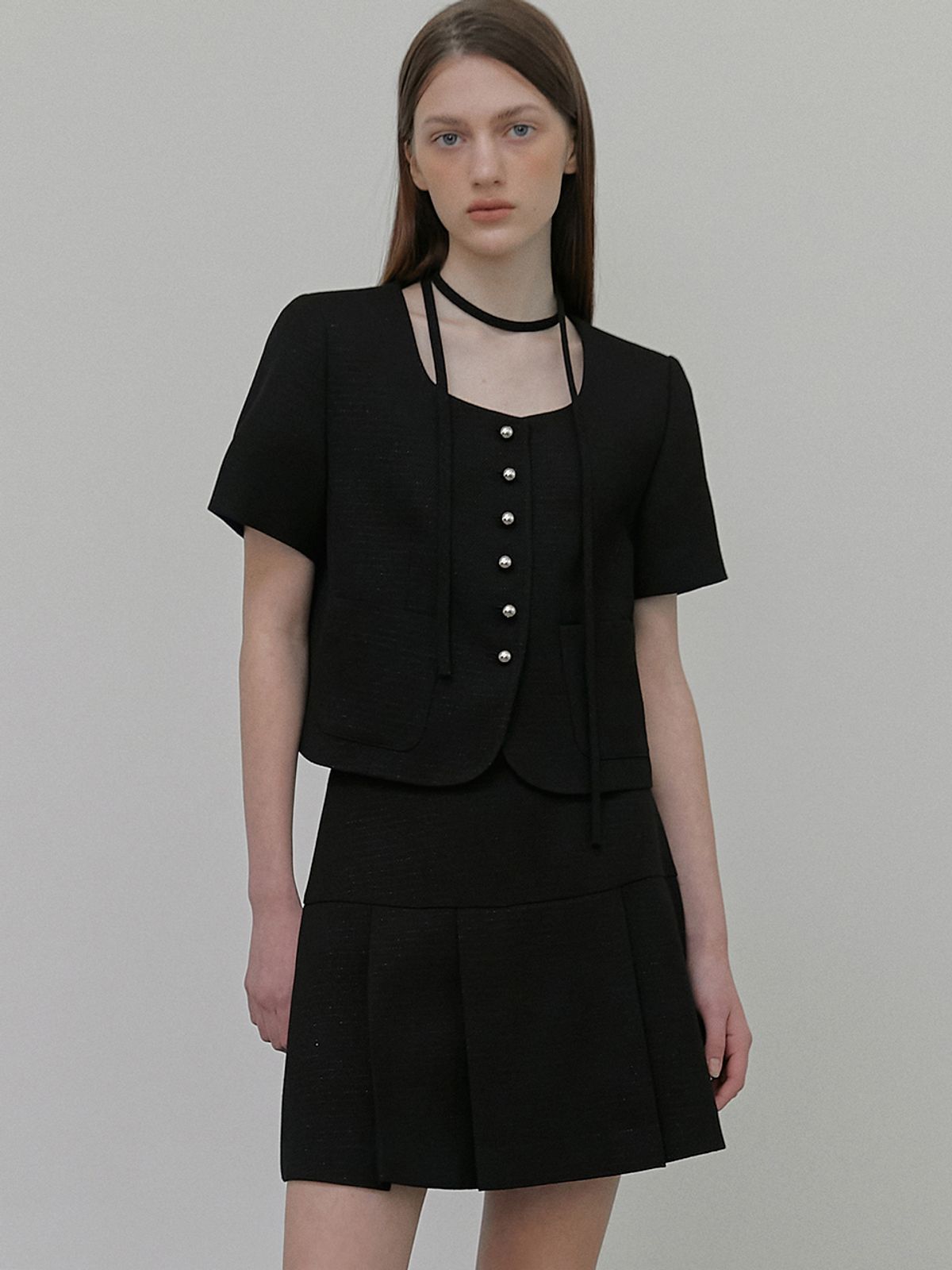 에트몽(ETMON) Button Strap Tweed Jacket Black